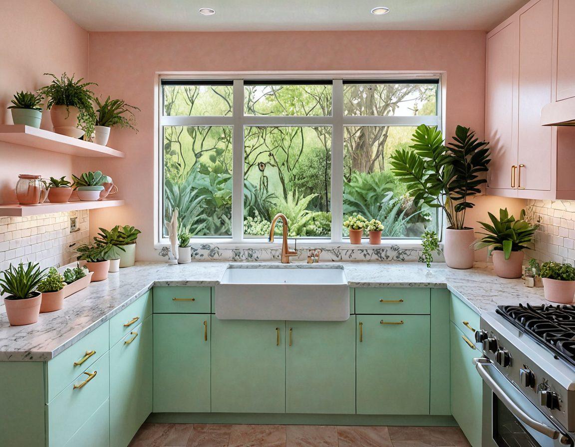 A beautifully designed kitchen showcasing modern appliances in soft pastel colors. Incorporate warm lighting, lush indoor plants, and decorative accents that convey a cozy yet stylish atmosphere. Highlight a selection of sleek kitchen gadgets from Fred Appliance Store on the countertops. Include a window with a view of a bright garden, bringing in a touch of nature. super-realistic. warm colors. cozy ambiance.