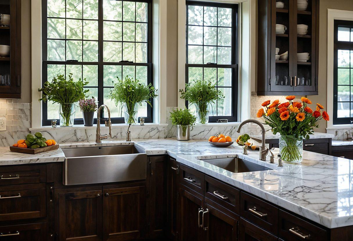 A stylish kitchen featuring elegant appliances, sleek countertops, and soft ambient lighting. The space is adorned with fresh herbs in pots and a bouquet of flowers on the table, creating a cozy yet sophisticated atmosphere. Vintage and modern elements blend seamlessly for a charming makeover effect. Super-realistic. Warm color tones.